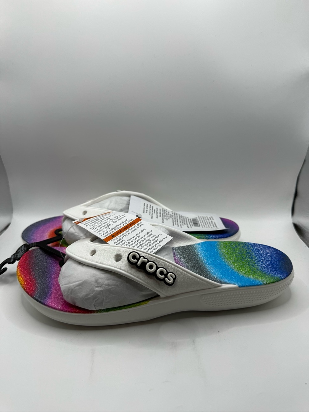 CROCS White Strap Flip Sandals with Rainbow Gradient Footbed